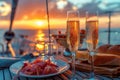 Champagne glasses on the table in Luxury cruise ship. travel concept. Generative AI Royalty Free Stock Photo