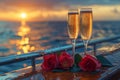 Champagne glasses on the table in Luxury cruise ship. travel concept. Generative AI Royalty Free Stock Photo