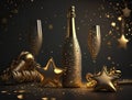 champagne with glasses, sparkles and sparks in the background. Royalty Free Stock Photo