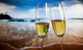 Champagne glasses on tropical beach - exotic New Year Royalty Free Stock Photo