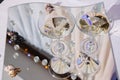 Champagne glasses. Wedding champagne slide for bride and groom. Catering bar for the celebration