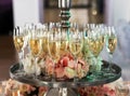 Champagne glasses in welcome area for wedding or party guests