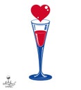 Champagne goblet with red loving heart. Alcohol beverage