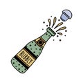 Champagne green bottle pop open with cork, vector icon. Festive alcohol with bubbles, wine splashes. Hand drawn bright Royalty Free Stock Photo