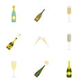 Champagne icons set, cartoon style