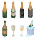 Champagne icons set, isometric style