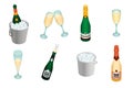 Champagne icons set, isometric style