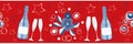 Champagne icons and stars vector seamless border. Champagne flutes, bottles, fizz, flower bouquet red, blue, white