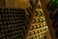 Champagne maturing in bottles in cellars of reims Royalty Free Stock Photo
