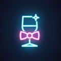 Champagne neon icon. Wine glass with bow isolated on black. Symbol of romantic dinner, cocktail party, celebration Royalty Free Stock Photo