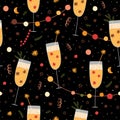 Champagne pattern. Champagne glasses. Happy New Year party celebration, Prosecco, Cava seamless background. Dark vector Royalty Free Stock Photo