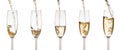 Champagne is poured into glasses on a white background, collage Royalty Free Stock Photo