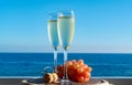 Champagne, prosecco or cava served with pink grape in two glasses on outside terrace with sea view Royalty Free Stock Photo