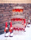 Champagne pyramid in welcome area for wedding or party guests