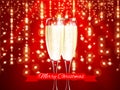 Champagne in realistic glass with merry christmas red ribbon and gold elements on red light background. Vector illustration. Royalty Free Stock Photo