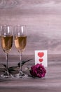 Champagne, rose and love message Royalty Free Stock Photo