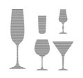 Champagne, rum, liquor, wine and martini glass in minimalist linear style. Silhouette of glassware performed in the form of black Royalty Free Stock Photo