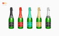 Champagne Set. Champagne Bottle with Labels Merry Christmas and Happy New Year 2024. Realistic Bottles of Sparkling Wine. Set with Royalty Free Stock Photo