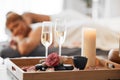 Champagne, spa massage and couple relax in zen, health and wellness salon, romance and body pamper treatment. Luxury Royalty Free Stock Photo