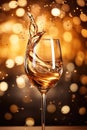 Champagne splash in glass. Festive bokeh glittering golden background. Generative Ai