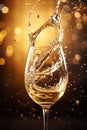 Champagne splash in glass. Festive bokeh glittering golden background. Generative Ai