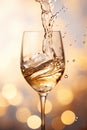 Champagne splash in glass. Festive bokeh glittering golden background. Generative Ai