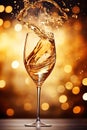 Champagne splash in glass. Festive bokeh glittering golden background. Generative Ai