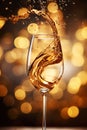 Champagne splash in glass. Festive bokeh glittering golden background. Generative Ai