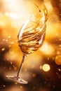 Champagne splash in glass. Festive bokeh glittering golden background. Generative Ai