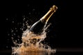 Champagne splashing out of a bottle, isolated on black background, A bottle of champagne popping open, with bubbles spilling out, Royalty Free Stock Photo