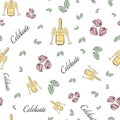 Champagne and strawberry celebrate text vector seamless pattern background. Backdrop with script lettering, fizz Royalty Free Stock Photo