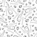 Champagne and strawberry celebration vector seamless pattern background. Monochrome backdrop with fizz, champagne flutes Royalty Free Stock Photo