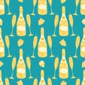 Champagne and strawberry vector seamless pattern background. Elegant gold aqua blue backdrop with fizzing, champagne Royalty Free Stock Photo