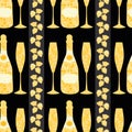Champagne and strawberry vector seamless pattern background. Elegant gold black backdrop with fizz, champagne flutes Royalty Free Stock Photo