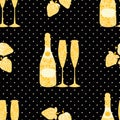 Champagne and strawberry vector seamless pattern background. Elegant gold black backdrop with fizz, champagne flutes Royalty Free Stock Photo