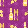 Champagne and strawberry vector seamless pattern background. Elegant gold purple backdrop with fizz, champagne flutes Royalty Free Stock Photo