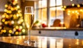 Champagne on the table on New Year in the festive cozy kitchen, holiday celebration