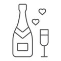 Champagne thin line icon, valentine and holiday, Champagne bottle sign, vector graphics, a linear pattern on a white