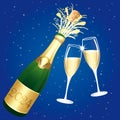 Champagne toast. Blue and gold Happy New Year 2024 or Congratulations Greeting card. Vector illustration.