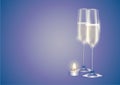 Champagne two full flutes or glasses white sparkling wine and christmas candle. Winter holiday card on faded purple background Royalty Free Stock Photo