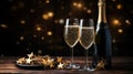 Champagne with two glasses on wooden table and copy space, AI Generated Royalty Free Stock Photo