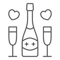 Champagne for two person thin line icon, 8 March concept, romantic date symbol on white background, Champagne glasses