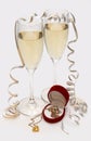 Champagne, wedding bands and mouse in heart Royalty Free Stock Photo