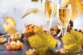 Champagne wine in glass background. Autumn still life, wine tasting table setting concept Royalty Free Stock Photo