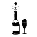 Champagne, or wine icon. Black silhouette of a champagne bottle and a glass. Iconography. Vector