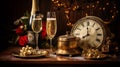 Champagnes and decorations for new year party Royalty Free Stock Photo