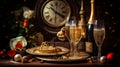 Champagnes and decorations for new year party Royalty Free Stock Photo