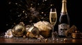 Champagnes and decorations for new year party Royalty Free Stock Photo