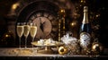 Champagnes and decorations for new year party Royalty Free Stock Photo