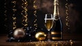 Champagnes and decorations for new year party Royalty Free Stock Photo